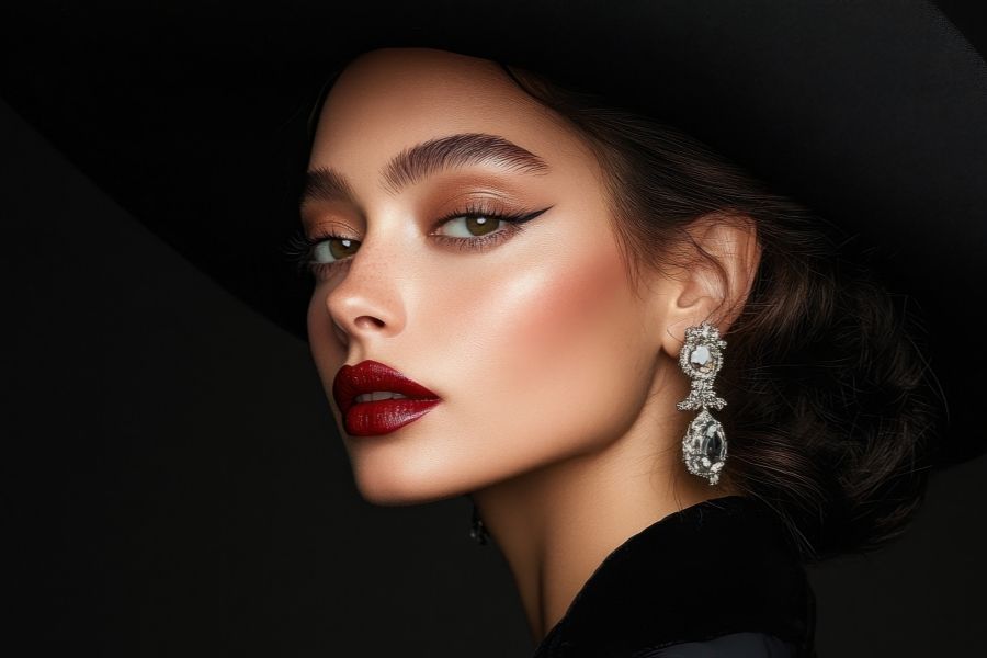 Elegant woman displaying no-makeup makeup look with bold red lips and diamond earrings