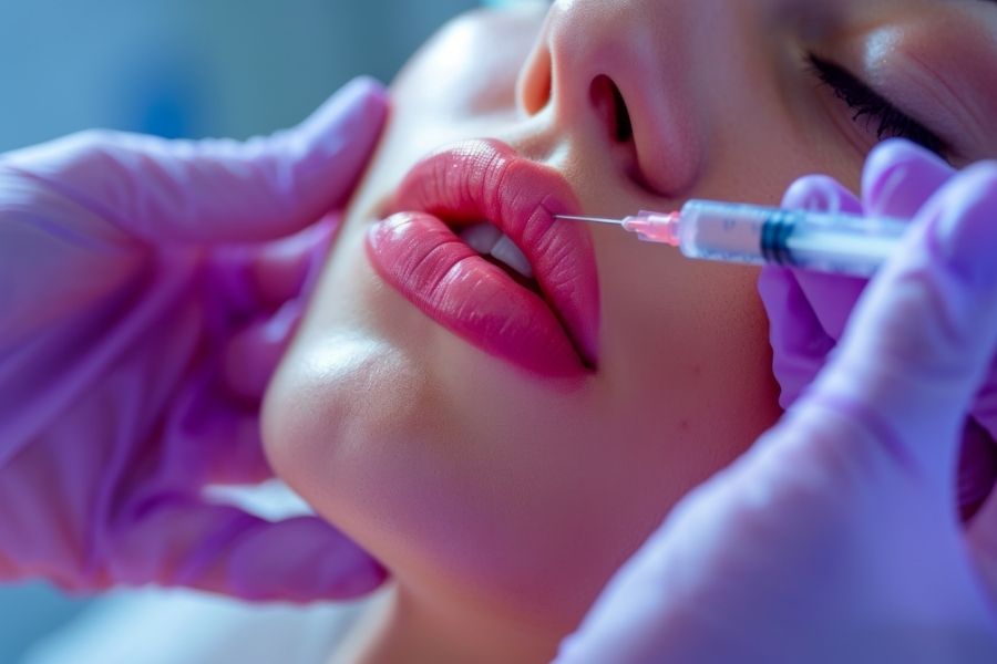 Professional lip enhancement procedure creating overlined lips with precise injection technique