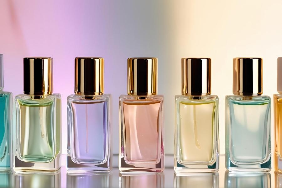 Row of colorful perfume bottles representing different scent families with golden caps