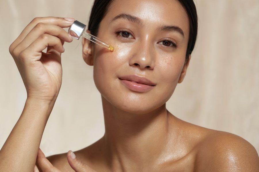 Beautiful woman applying lash serums with dropper for natural eyelash growth enhancement