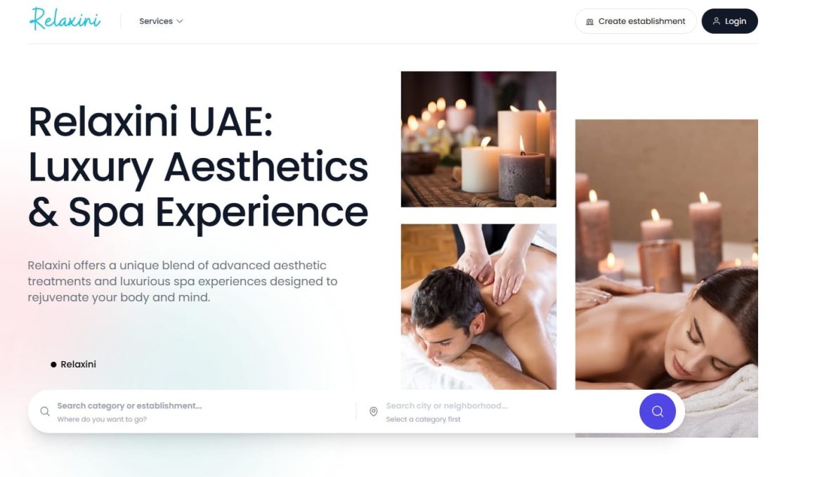 Page d'accueil de Relaxini UAE présentant des soins esthétiques de luxe et des services de relaxation avec des photos de massages aux pierres chaudes et bougies