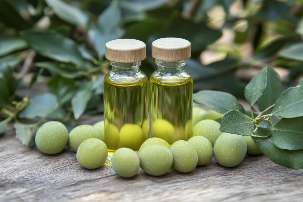 Two bottles of golden Tamanu Oil from Tahiti surrounded by fresh green Calophyllum inophyllum fruits on a wooden surface