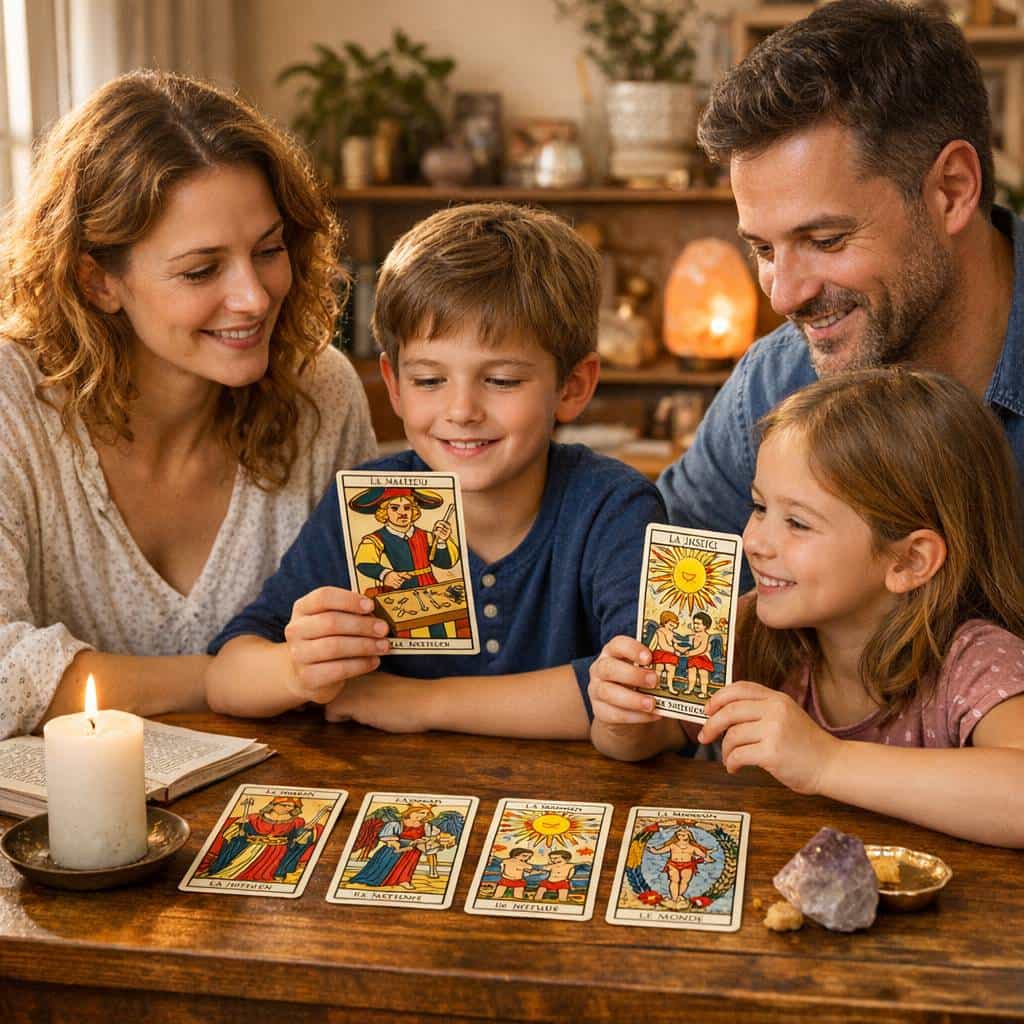 A smiling family with two young children exploring Tarot cards together at a wooden table, illustrating the connection between cartomancy and parenting